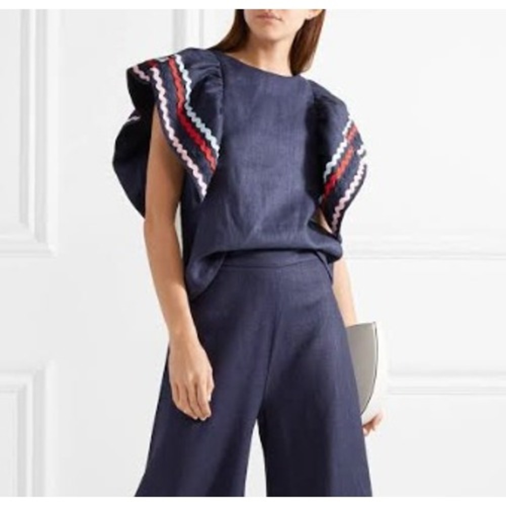 Paper London Navy Linen Flutter Sleeve Gaga Top Shirt Ric Rac Trim 10 Resortwear